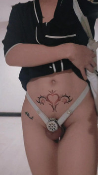 Asian Sissy Half Naked Walk with a Flat Chastity