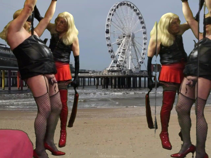 Mrs Samantha: 천장에 묶인 노예 Tgirl Marina를 때리고 괴롭히는 Samantha 부인