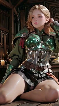 中世の騎士ファンタジー!緑の鎧と濡れた秘密、図書館でひざまずき、胸に手を置いてあなたを見つめている からかい