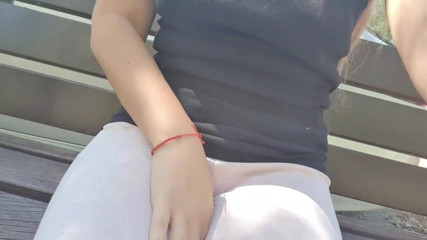 TheloveStory: Relaxing outside alone in leggings with hot cameltoe