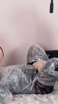 Curvy MILF & Mistress Double Strapon Fuck Bound Plastic Wrapped Boy - Spitroast Pegging & Nylon Foot Trampling