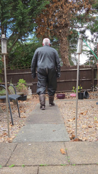 Leather Overalls in the Garden