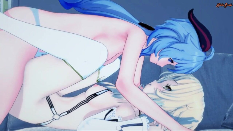 Hentai Smash: Ganyu mengongkek Lumine dengan strap-on sehingga dia orgasme - Hentai lesbian...