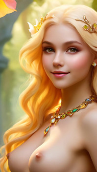 Ai nuda donna d'arte tiene Begonia con gioielli citrine in diamante giallo presentazione 4k