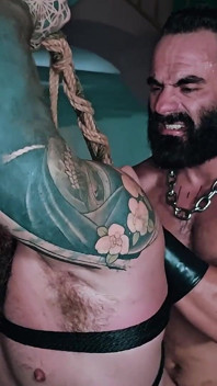 Muscle Hairy Sub Bondage & Piss. Bearded Master Uses a Kinky Pig