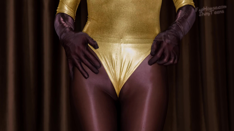 Shiny teens: 870 Shiny Brown Spandex Pantyhose and Gold Leotard