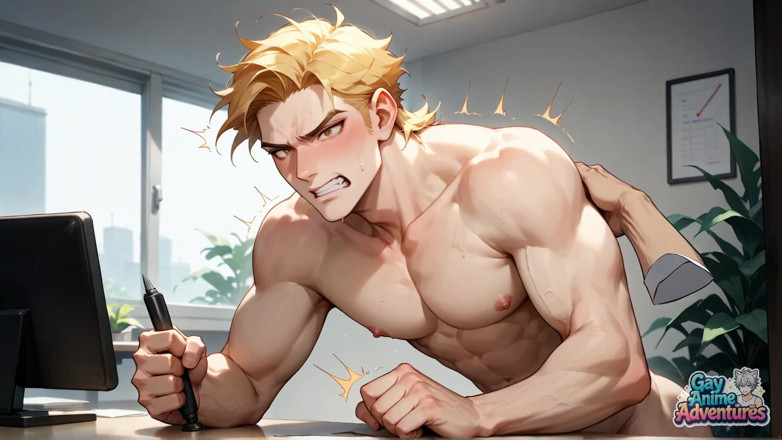 Gay Anime Adventures: Wytrysk w biurze mięśni sensation
