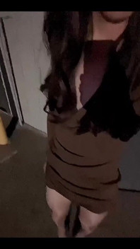 After Work, I Was Flashing by the Night Street in Glossy Tan Pantyhose and Dress
