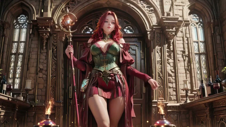 Seraphina Vale: Sorceress berambut merah Bangkens! Berlutut di Kangkaral Gothic, Halos Emas...