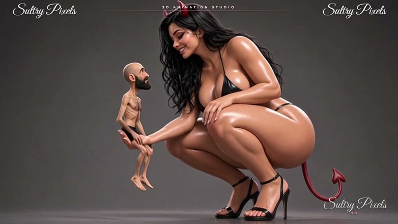Sultry Pixels 3D: Obří She-devil svléká nahoře bez pro jejího drobného vousatého muže -...
