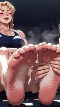 Old Woman Licking Muscular Womans Feet in Gym - Humiliation