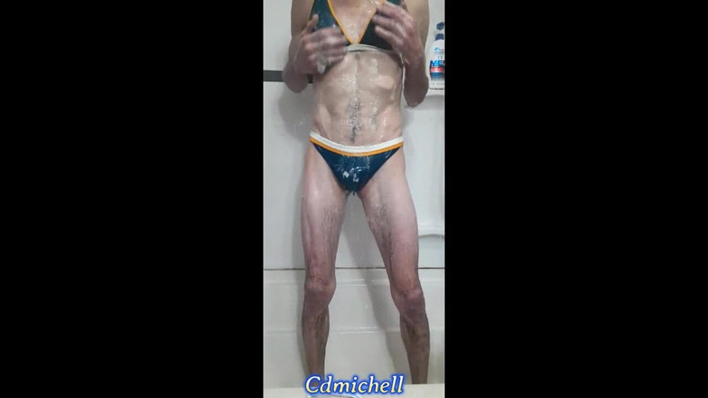 Feeling sexy today crosdressing: Cdmichelle Taking a Shower Wearing Sexy Blue Swimsuit