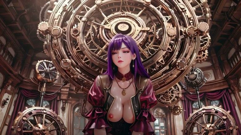 Seraphina Vale: Steam-punk Stunner in White! Kneeling Under Giant Gears