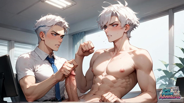 Gay Anime Adventures: The Sexy, White-haired Guy Drenches the Cubicle with Cum, Turning...