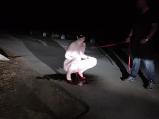 Fuck me like you hate me: Leashed submissive wife pee on the road