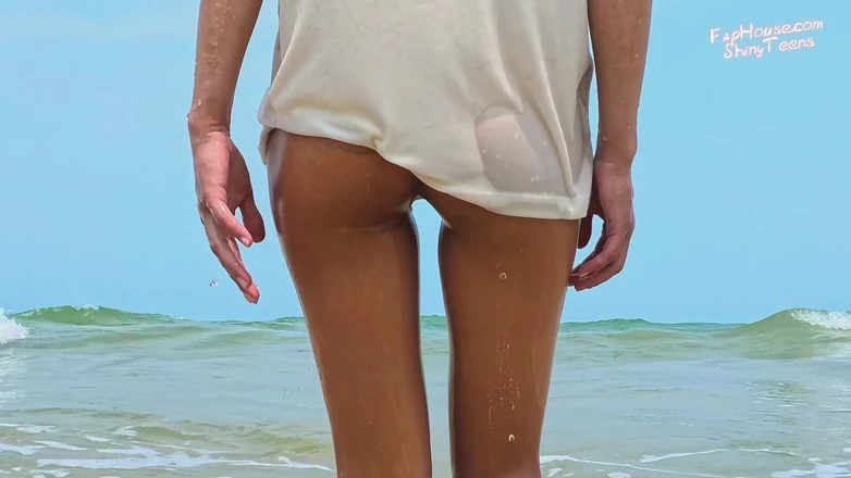 Shiny teens: 868 Wet Glossy Nude Pantyhose on the Beach