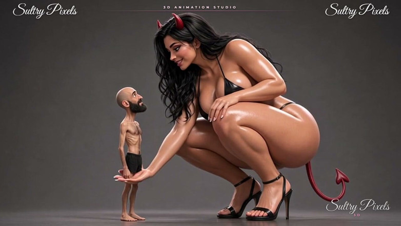 Sultry Pixels 3D: Gigante she-devil tira topless para seu pequeno homem barbudo - ele...
