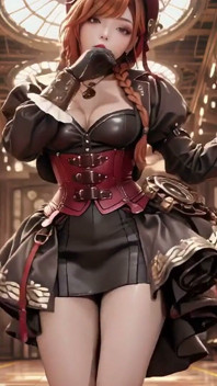 Duchesse steampunk ! Une fille mécanique aux cheveux roux taquine dans le hall des engins.