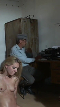 Pretty Blonde Girl Is Chained to the Ground to Be Tormented by Three Men