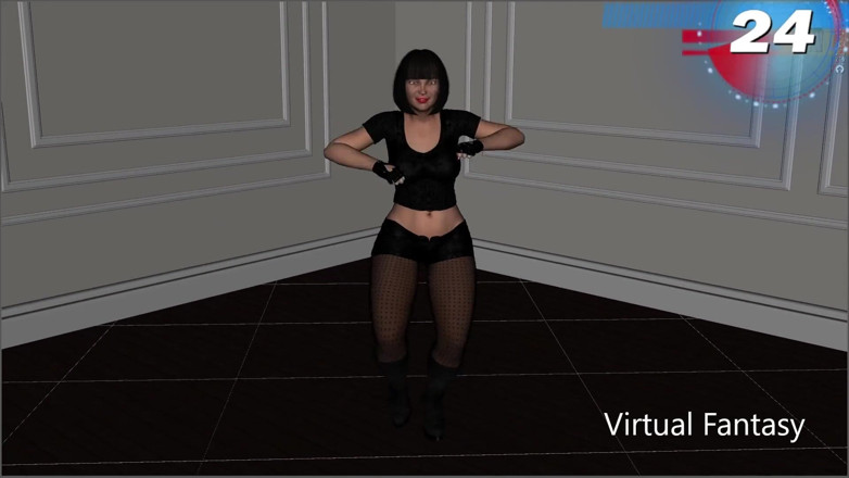 Virtual fantasy studio: 黒のクラブウェアとボディスーツで踊るセクシーな3Dの女の子。