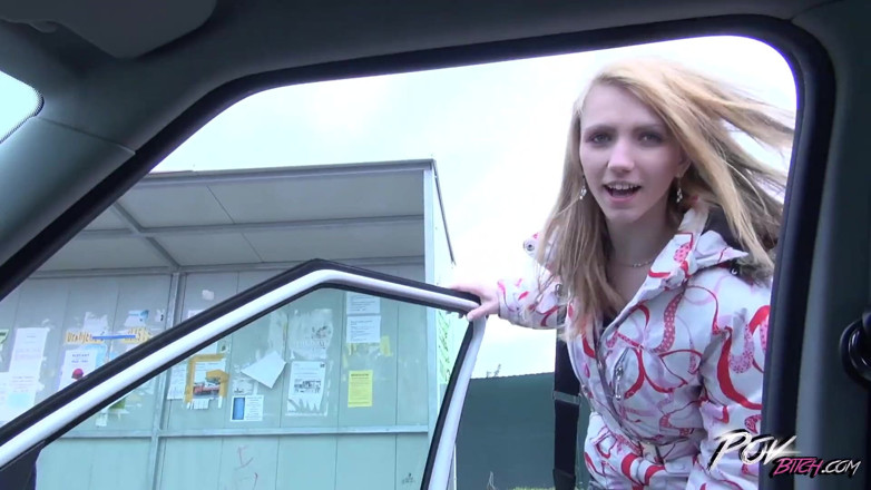 POV Bitch: Petite skinny blonde teen suck cock under steering wheel and...