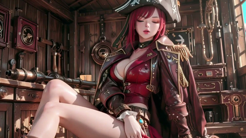 Seraphina Vale: Rothaarige piratenkönigin! Faule Göttin im Gold hold. Kniender blick ist...