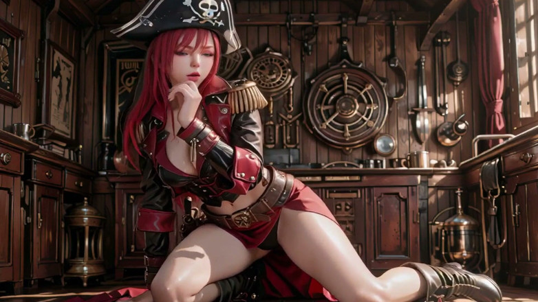 Seraphina Vale: Rödhårig piratdrottning! Lat gudinna i guldhållet. Knäböjande blick är galen!