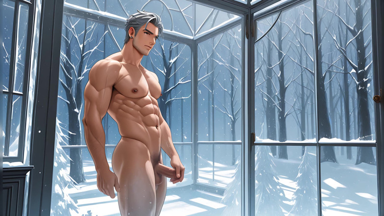 LustMen: Зрелая модель Silver Fox стоит обнаженной в Стеклянном доме, Зимние чудеса