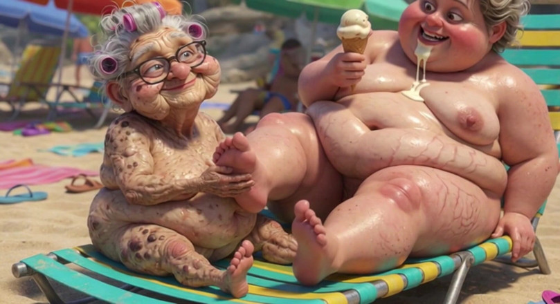 Anime Hentai: Abuela mayor chupando apasionadamente pies de grandota en la playa