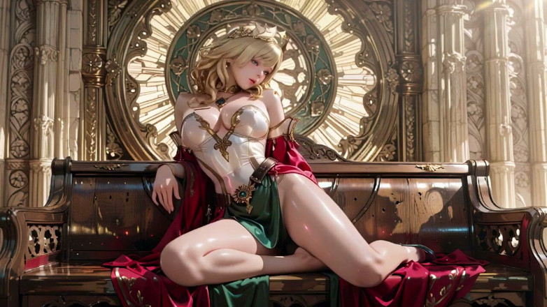 Seraphina Vale: นางฟ้าผมบลอนด์ราชินี! ศักดิ์สิทธิ์คุกเข่าในมหาวิหารแกรนด์, เสื้อคลุมสีเขียวแทบจะไม่ได้ซ่อนเส้นโค้งที่นุ่มนวลของเธอ
