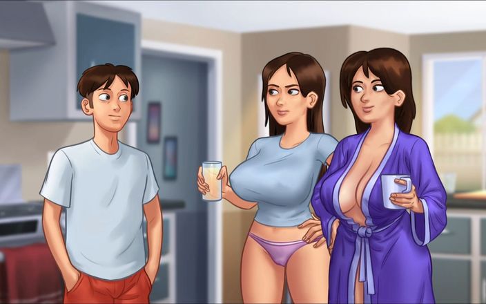 Naughty gameplays: 夏日传奇 01 - 他无法停止在他的继熟女巨乳周围变得饥渴，丰满的熟女