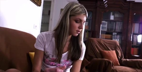 The Teenager Gina_gerson Plays with Her Stepdad Ignoring Him While She Is Giving an Handjob.