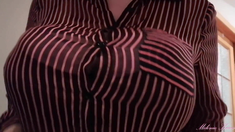 Melonie Kares: Black bra blouse big boobs bounce POV