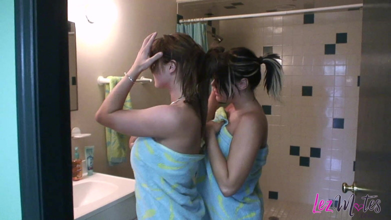 Lez Mates: Busty brunette chicks taking a steamy shower together