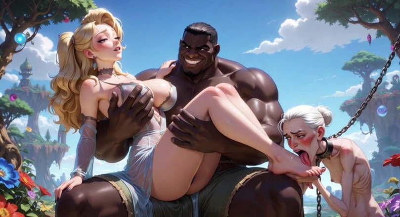 Anime Hentai: Stara babcia upokorzona lizanie stóp młodej kobiety - siedząc na muskularnych...