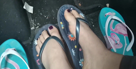 Nicoletta Embassi: Nicoletta's Adorable Little Feet in Flip-flops Press on the Pedals...