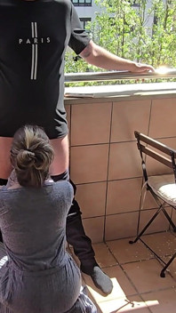Busty Girl Sucks Her Friend's Cock on a Hotel Balcony!! Risky Sex!
