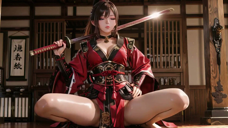 Seraphina Vale: Crimson Samurai! Red-haired Warrior Kneeling in the Sun