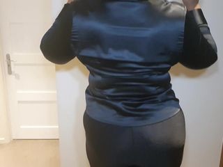 Slutty Ms B in Satin & Bondage: Shiny leggings and satin blouse bondage