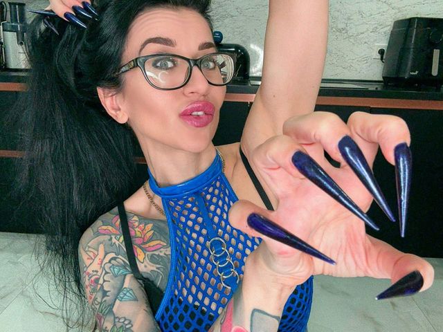 Dark Blue Long Nails, Sharp Stilettos, Long Fingers, Hot Handjobs with Spit and Blue Pvc on (Julia domaina)