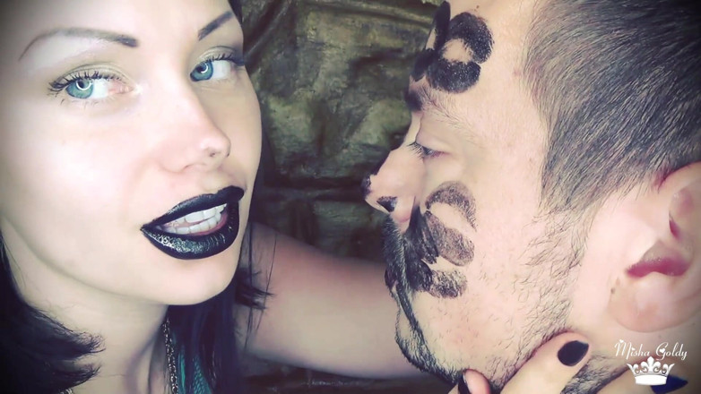 Goddess Misha Goldy: Covering Alex with black shiny lipstick kisses all over his...