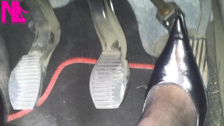 Nyllady: Sexy Speedy Driving in Patent Black Pumps and Seamed Black...