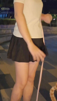 Caged Sissy with Anal Toy Walking the Cat