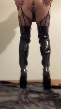 Latex högklackade lår höga stövlar
