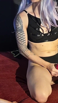 Purple Hair Cam Girl Peggs Boy Toy in Black Thong