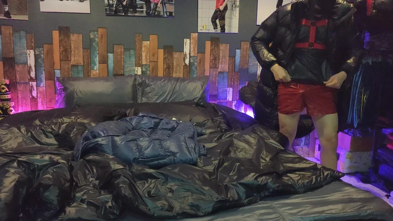 Evilshaman: Cock Rubbing Down Jacket on Shiny Nylon Bed