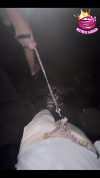 Late Night Stroll with My Locked Chastity Subs Caged Cock Exposed and on a Leash
