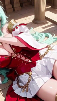 Golden Hall Fantasy! Green-haired Knight in Red-white Armor Kneeling, Teasing with Floating Magic Books - Divine Meets Carnal!