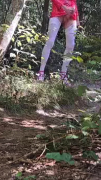Outdoor Exhibition In The Woods Pink Heels White Stockings And Latex Mini Skirt