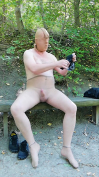Hot Jerking off in Pantyhose on Bench in the Forest